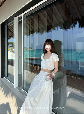 cookadaily人鱼 2025新款褶皱拼接半裙花边上衣拼接吊带长裙套装