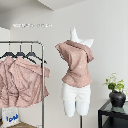 someone sometime苎麻做旧肌理感不对称捏褶立体翻领斜肩背心