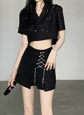 黑色夏季新款拽酷链条短袖小西装+高腰A字性感辣妹短裙裤裙套装潮