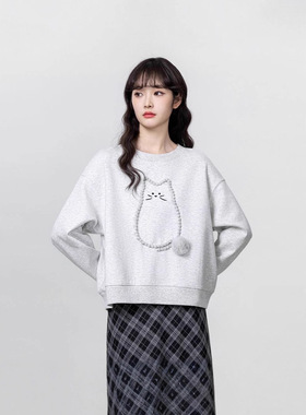 灰色圆领套头卫衣女2025春秋新款设计感宽松卡通猫咪无帽长袖