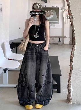 黑灰色不踩雷阔腿牛仔裤女春秋胖mm大码梨形身材高腰显瘦直筒