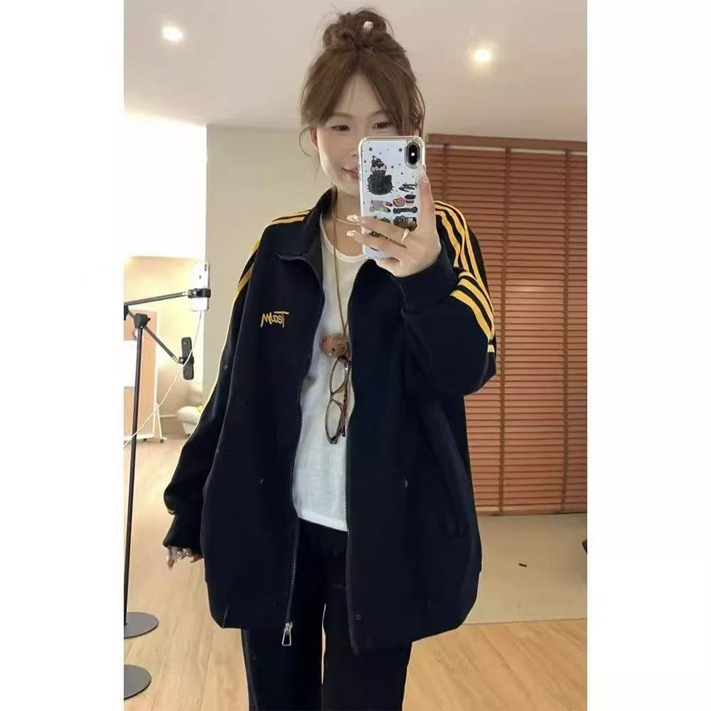 撞色拼接三条杠立领卫衣女春秋外套宽松中长款棒球服外穿运动