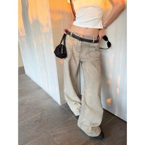 SUNONEONE 皮标低腰水洗卡其色牛仔裤女春季宽松阔腿休闲裤子