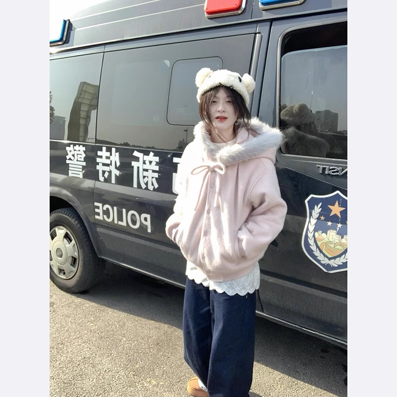 2025春秋新款温柔甜美粉色毛领连帽毛呢外套女韩系学院风卫衣