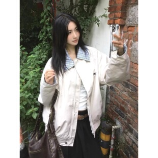 秋季韩系穿搭格纹拼接翻领外套女款秋冬高级感休闲宽松情侣上衣