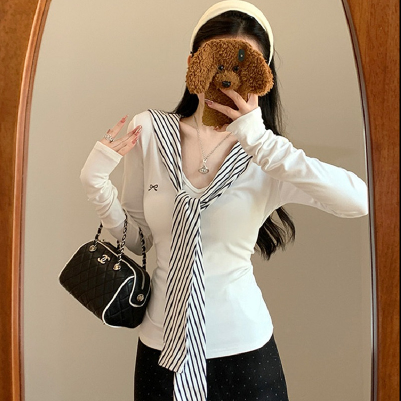 白色长袖新款韩系撞色假两件T恤女秋季条纹披肩穿搭修身长袖显瘦