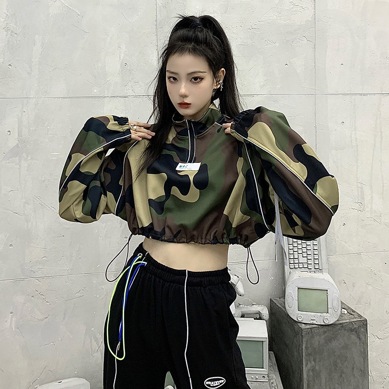秋季宽松短款反光迷彩卫衣女嘻哈收腰运动外套长袖拉链潮流穿搭