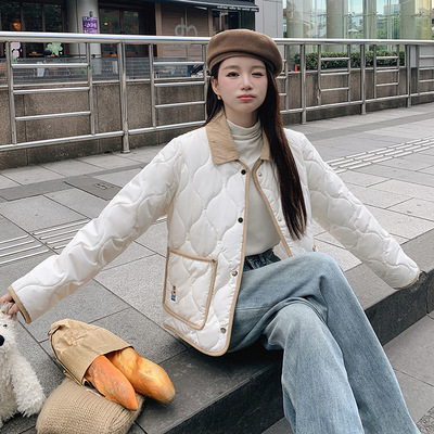 剌绣小熊白色棉服女冬季小个子菱格棉衣外套2024新款夹克短款
