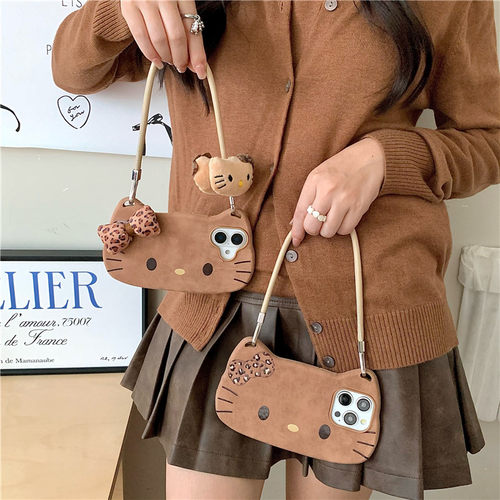 秋冬皮质豹纹蝴蝶结KT猫手提包适用iPhone16ProMax手机壳苹果15高级感14pro新款17网红女13max创意全包防摔壳