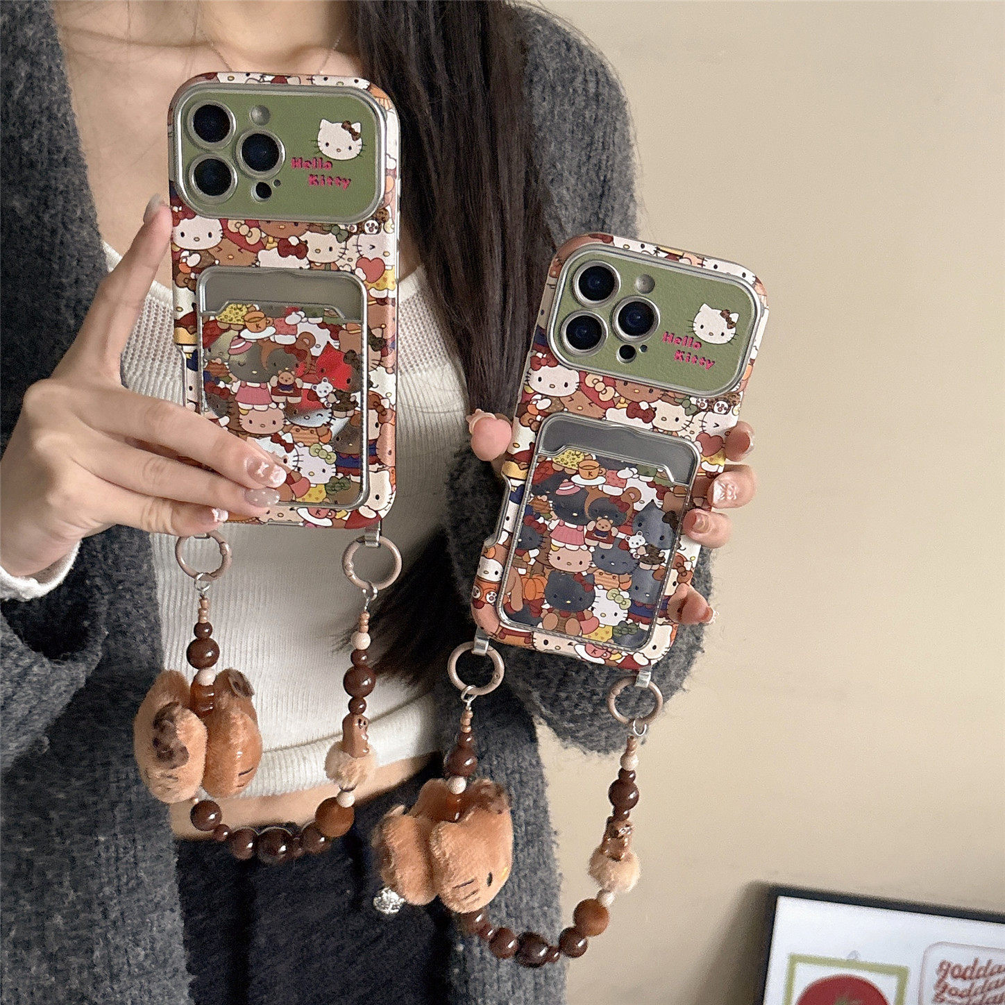 韩风满屏kitty镜面卡包手机壳