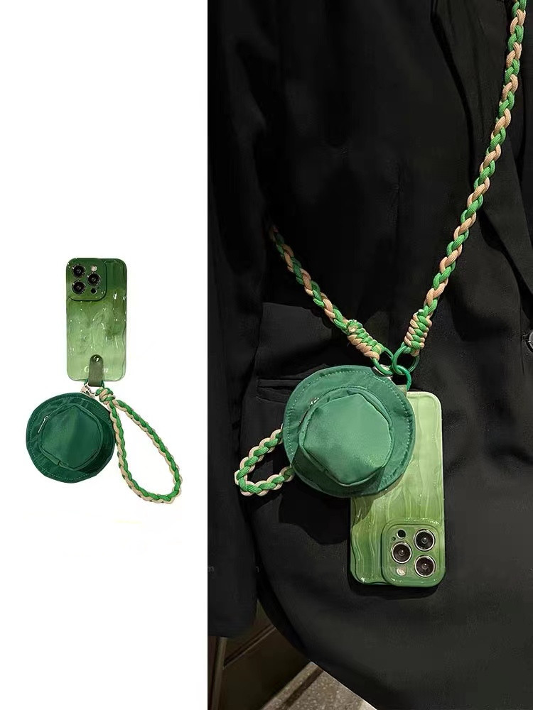 晕染绿色渔夫帽书包斜跨挂绳软壳