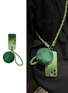 晕染绿色渔夫帽小书包适用iPhone16ProMax手机壳苹果15斜跨14pro编织挂绳13网红女12新款创意全包防摔硅胶软