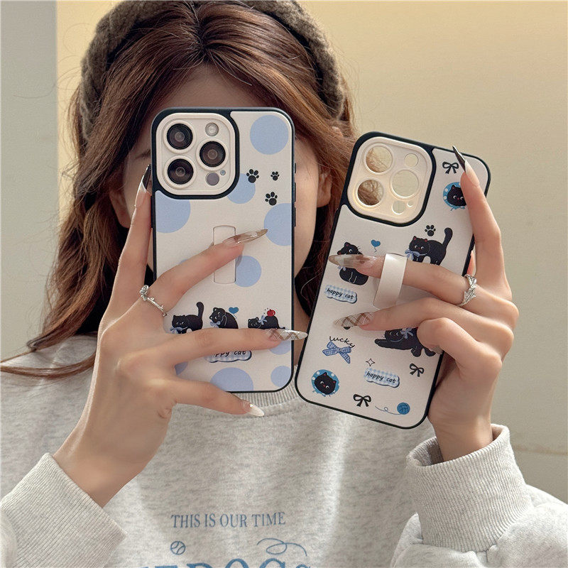 可爱黑猫隐形指环支架适用苹果15ProMax手机壳iPhone16高级感13pro新款14华为mate60pro+女P70挂绳创意防摔壳