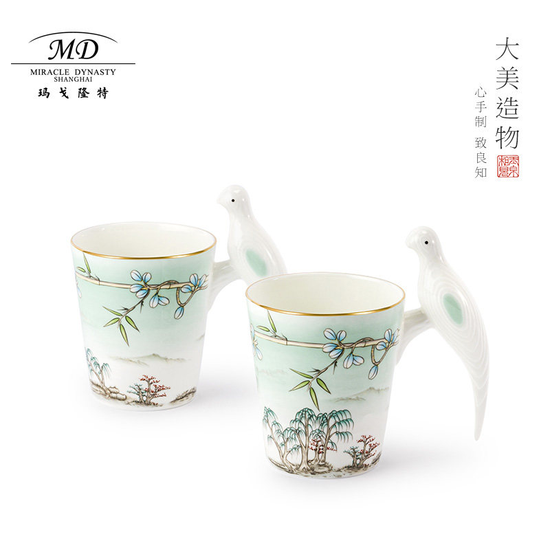 玛戈隆特骨瓷马克杯咖啡杯西湖盛宴瓷鸟杯带把手情侣水杯伴手礼