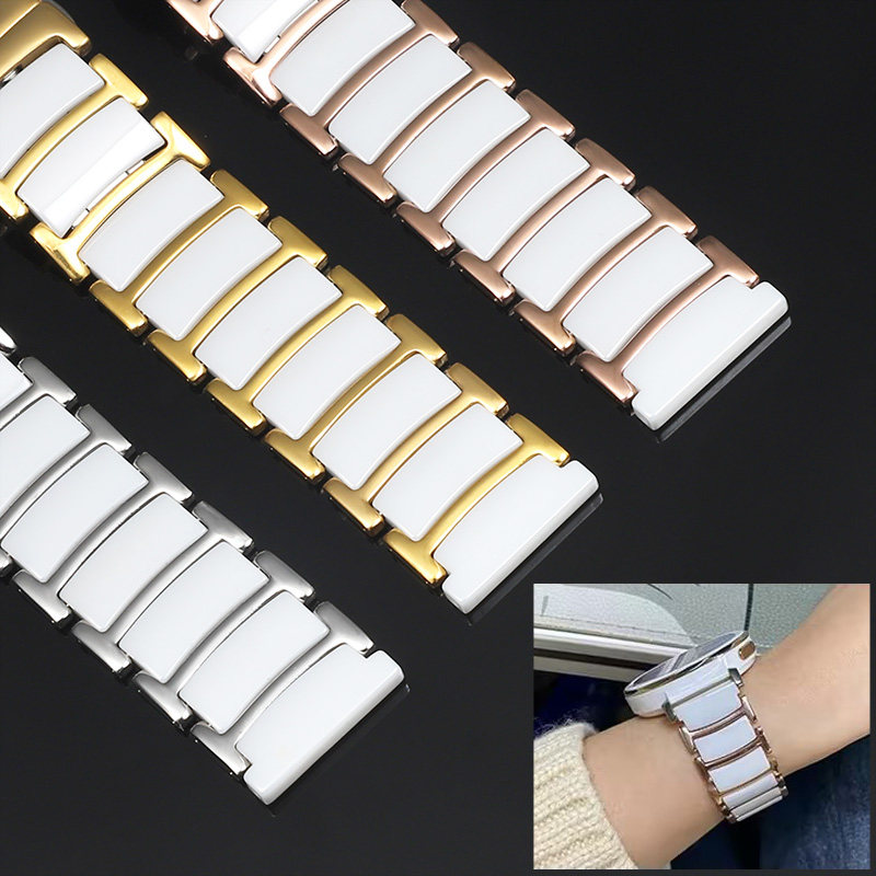 白色陶瓷手表链女间钢表带适配dw天梭阿玛尼卡西欧天王飞亚达配件