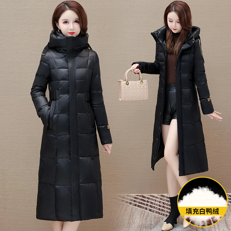 连帽收腰亮面免洗黑金羽绒服女韩版冬季2024新款气质保暖修身外套