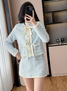 xyy2520富家千金小香风套装女2025秋冬蓝色外套高腰半身裙两件套