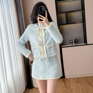 xyy2520富家千金小香风套装 女2025秋冬蓝色外套高腰半身裙两件套