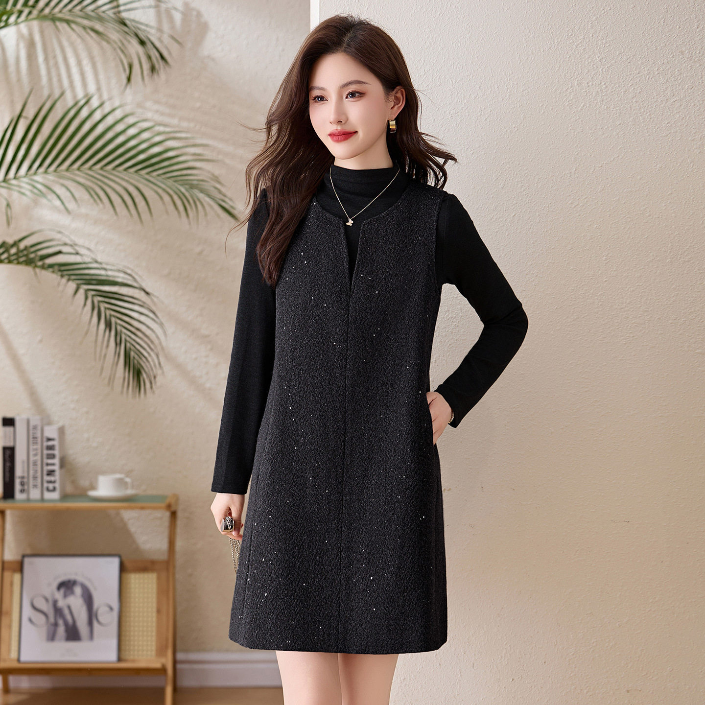 2026春季新款小香风中长款背心A字裙+打底衫两件套连衣裙 ME5135