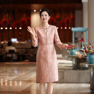2026秋新款小个子妈妈礼服提花钉珠婚庆婚宴喜婆婆连衣裙年轻
