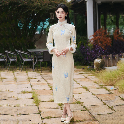 加绒加厚冬装国风新中式长款长袖旗袍改良年轻款女复古秋冬季