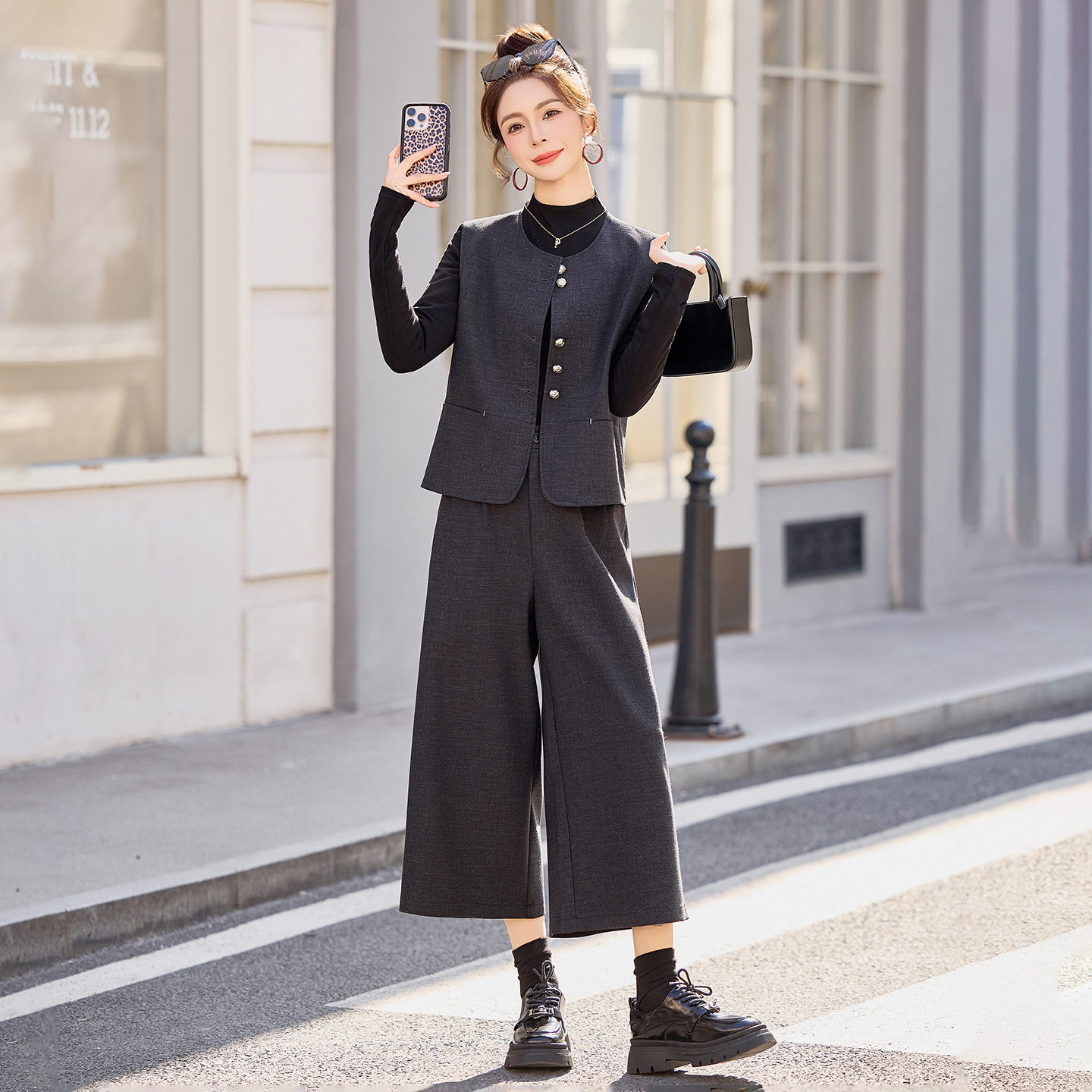 老钱风西装马甲阔腿裤套装女2026春新款高级感气质通勤穿搭三件套