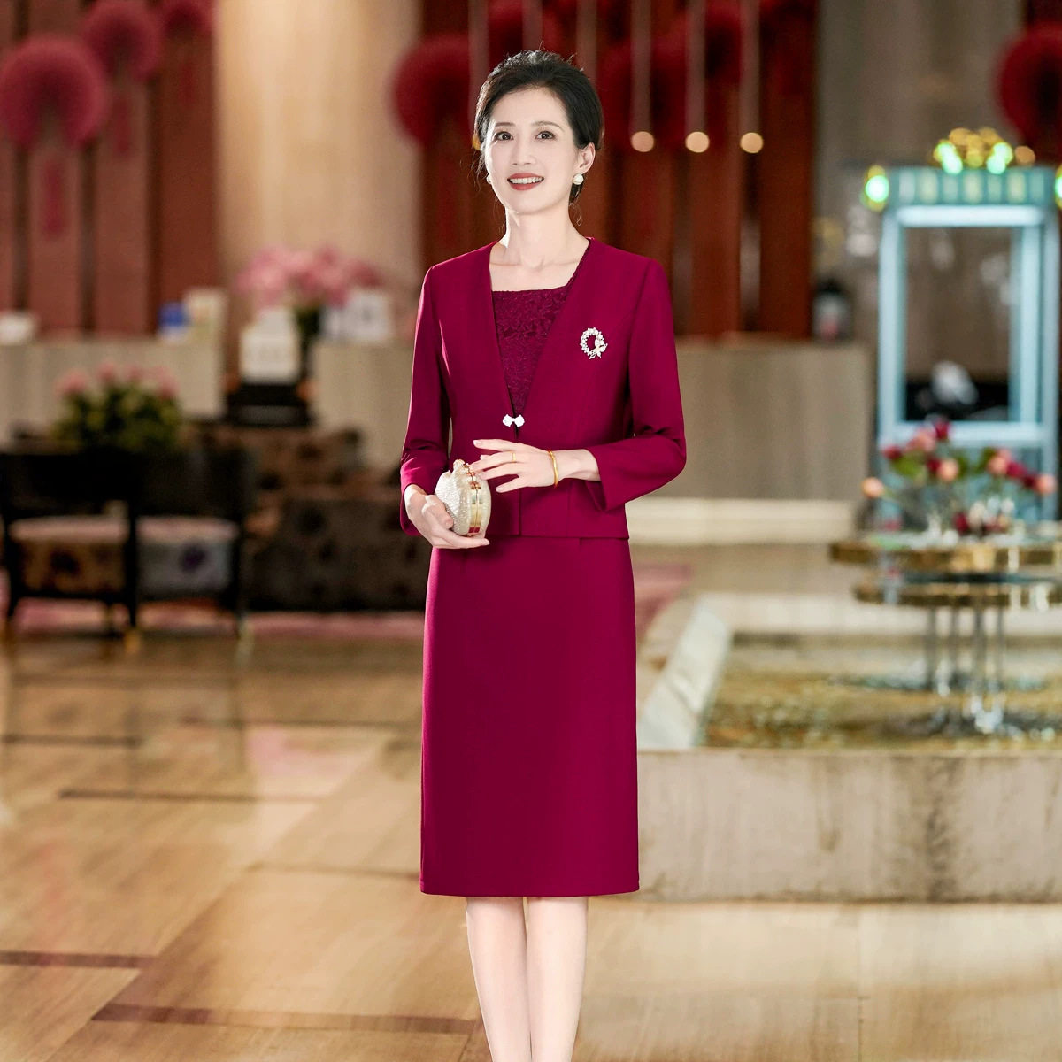 2026秋季新款订婚结婚时尚两件套连衣裙喜婆婆妈妈婚庆婚宴礼服女