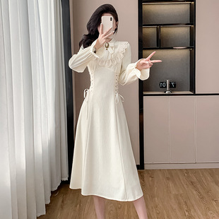 xyy2503法式 宫廷风磨毛蕾丝设计感针织提花绑带连衣裙2025秋冬款