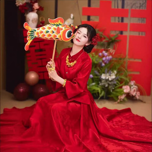 jlx7509敬酒服新娘2025秋冬订婚结婚宴酒红色喜庆礼服裙回门裙子