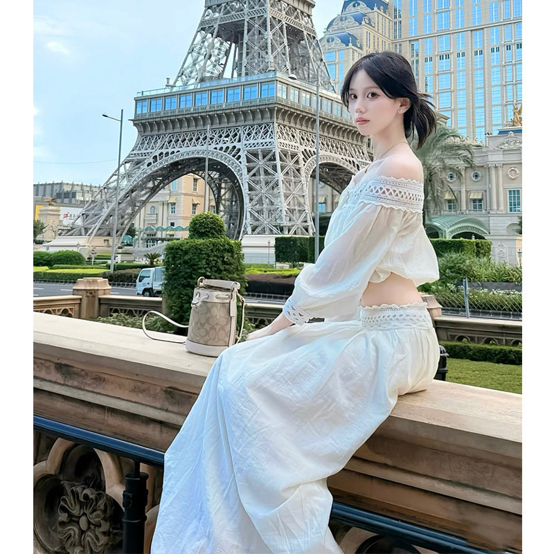 一字肩重工设计感蕾丝绑带上衣搭配半身裙两件套女装半身裙两件套