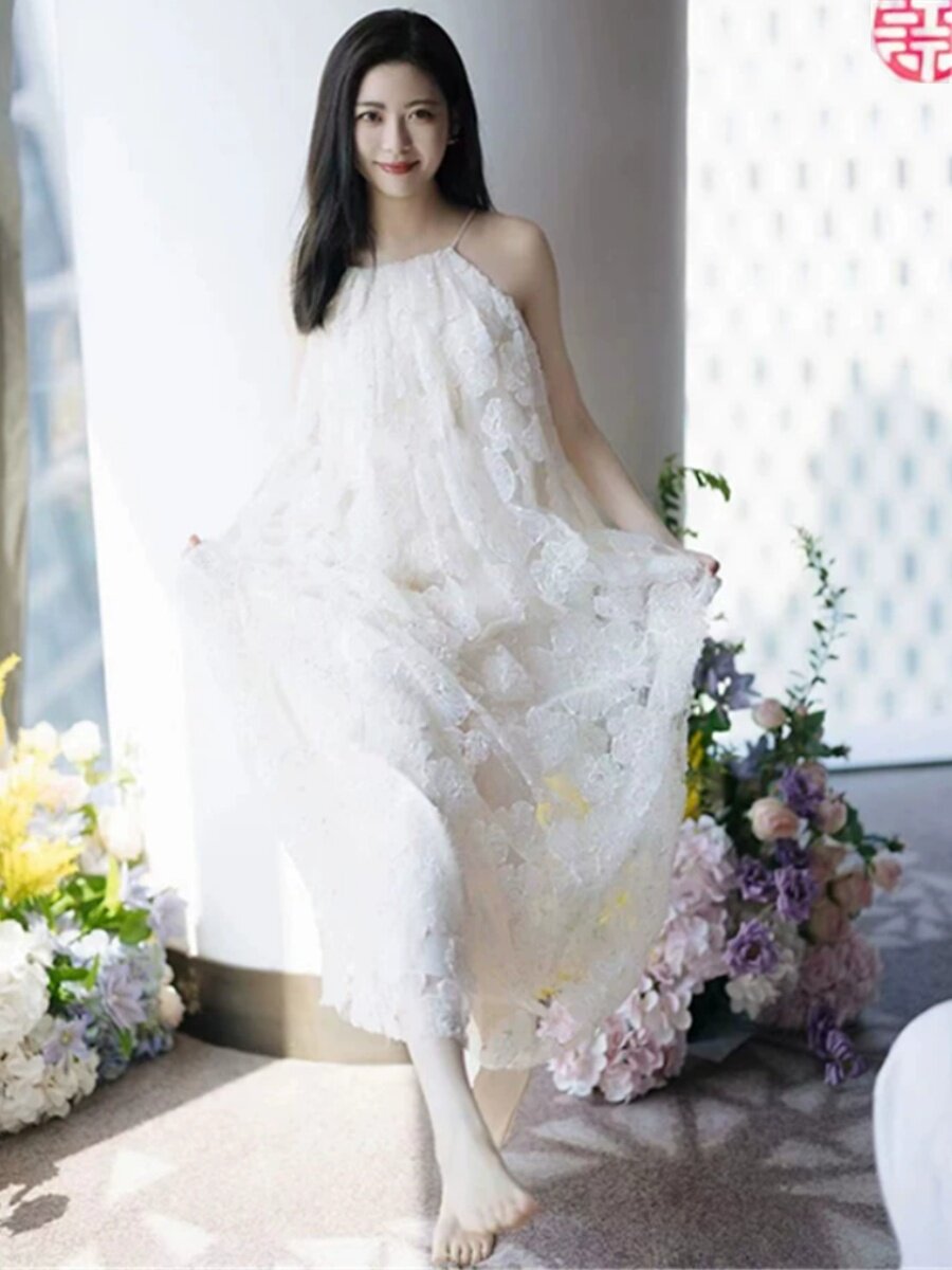 度假夏季吊带长裙气质蕾丝仙女风