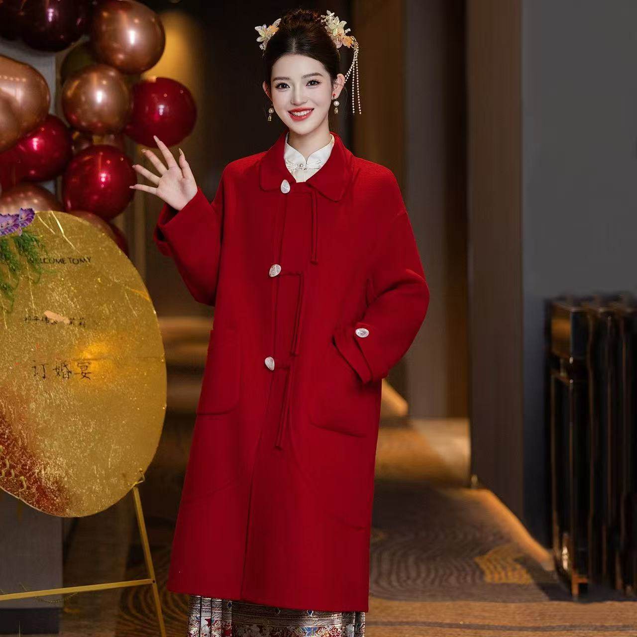 新中式新娘结婚毛呢外套订婚服红色大衣长袖敬酒服外披上衣回门裙