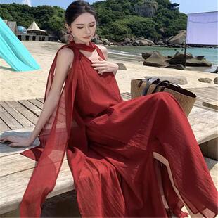 法式晨袍女新娘婚礼红色连衣裙挂脖仙气拍照长裙高级感海边度假裙