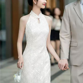 新中式 晨袍女新娘挂脖高级感旗袍敬酒服白色结婚领证绝美订婚礼服