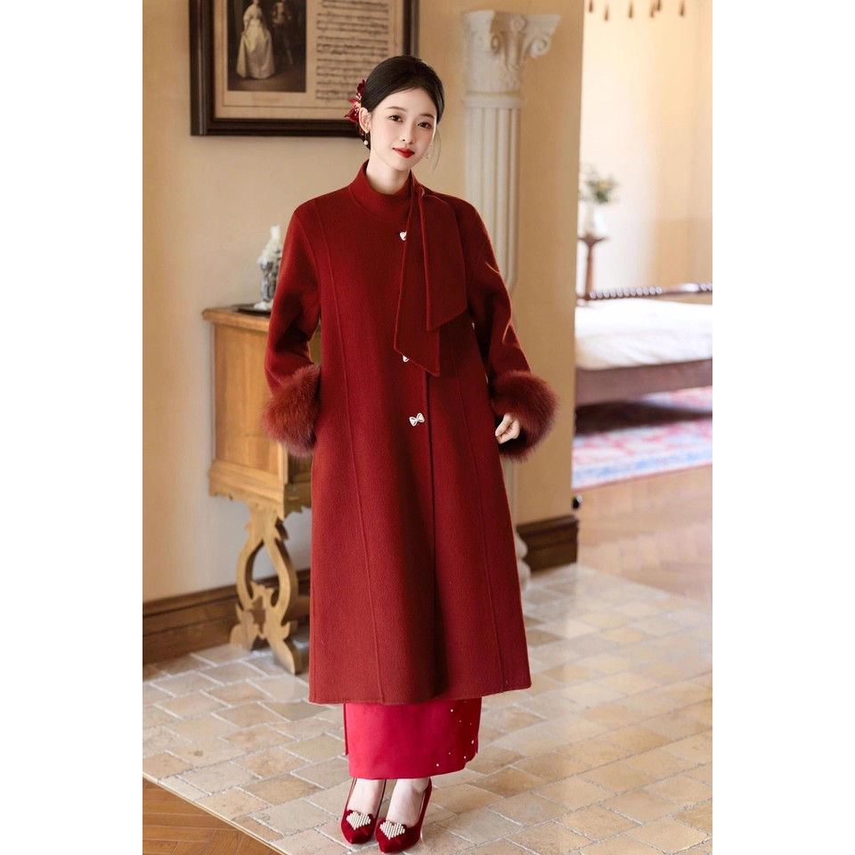 新中式新娘结婚毛呢外套订婚服女2025新款红色大衣敬酒服上衣秋冬
