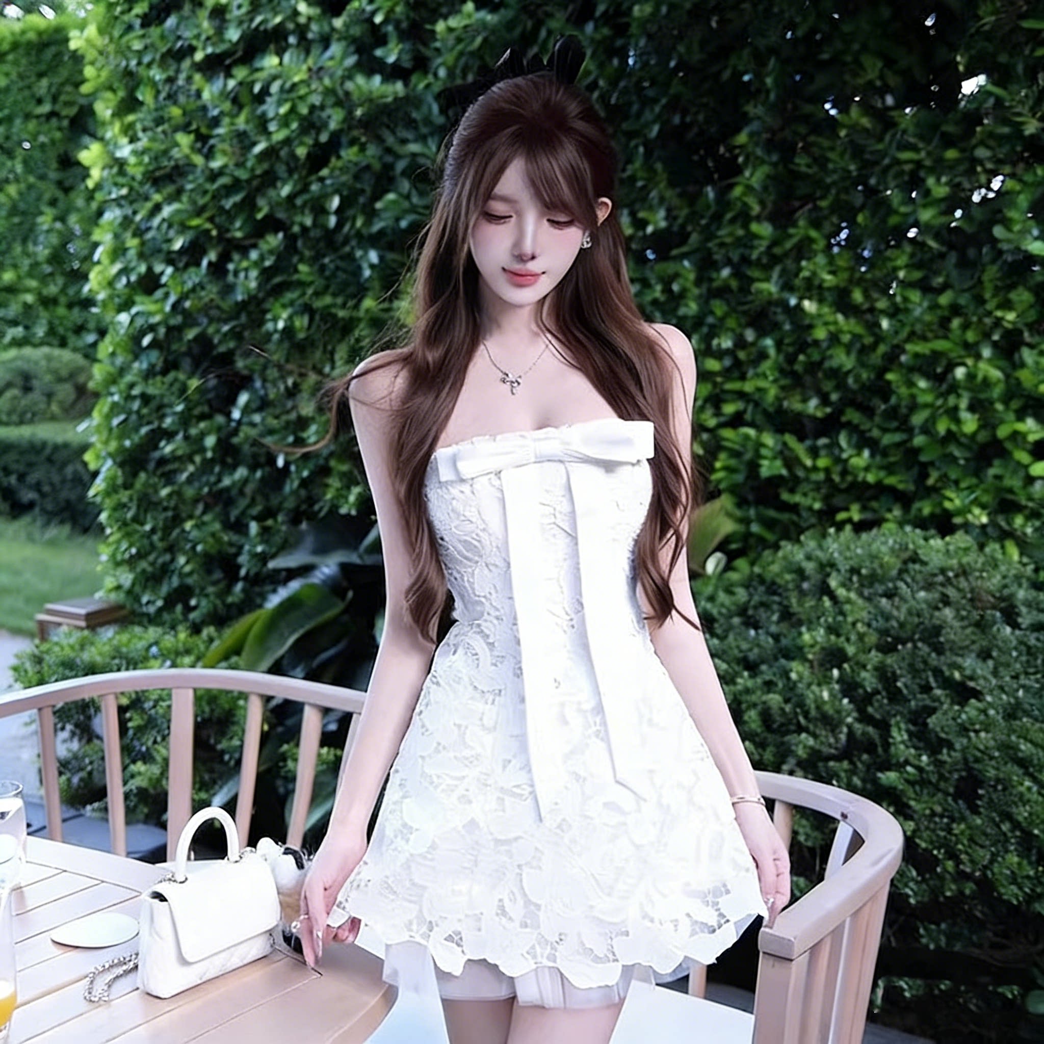 抹胸连衣裙女千金名媛气质生日礼服重工蝴蝶结纯欲性感收腰蕾丝裙