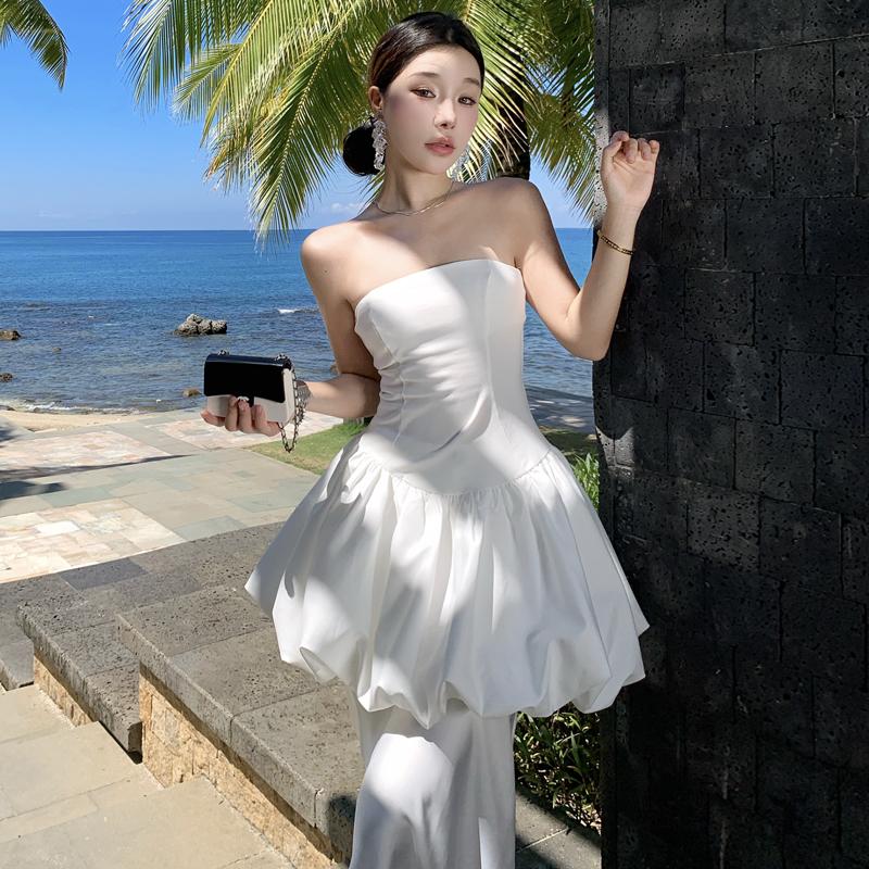 法式白色花苞连衣裙女抹胸收腰蓬蓬裙套装生日礼服裙性感高级长裙