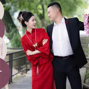 新中式旗袍红色订婚礼服裙2024新款高级感套装敬酒服新娘显白回门