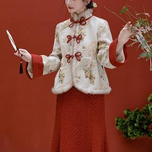 新中式国风汉服冬季改良旗袍加绒加厚古风女装鱼尾连衣裙棉服套装