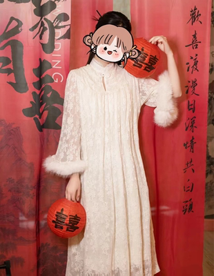 新中式连衣裙毛毛国风新娘高级感