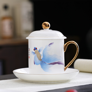 羊脂玉瓷杯子高级感轻奢男女情侣对杯陶瓷水杯带盖礼盒包装定制