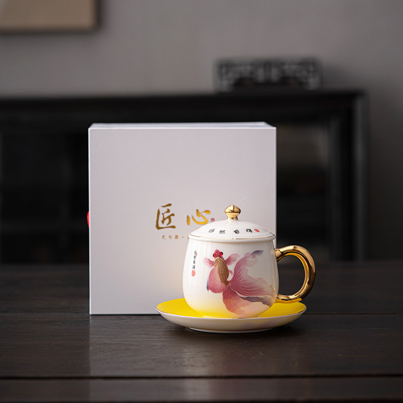 高档精致羊脂玉鎏金杯子陶瓷茶杯咖啡杯女男情侣对杯高颜值送礼品