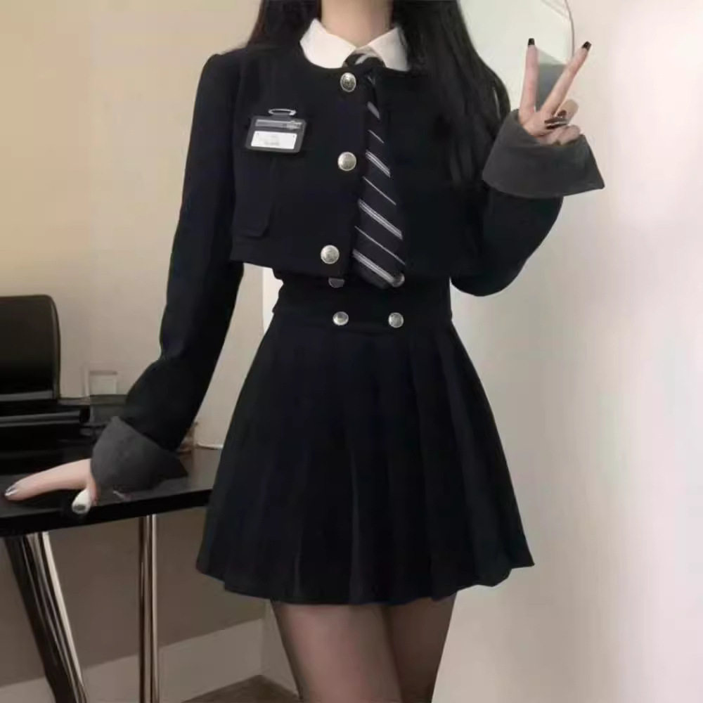 美式学院风短款西装外套jk制服套装女春秋款高腰显瘦百褶裙三件套