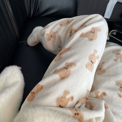 冬季卡通法兰绒睡裤女加厚保暖可爱学生大码珊瑚绒居家裤子可外穿