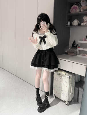 两件套装海军领绑带高腰半身裙