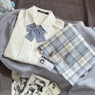 海月社原创【漫画格】海盐牛乳奶蓝格裙蓝白格JK制服半身裙套装女