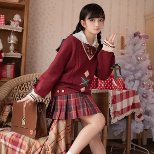 海月社原创 套头学院V领 白夜颂歌JK制服圣诞毛衣红色新年针织衫