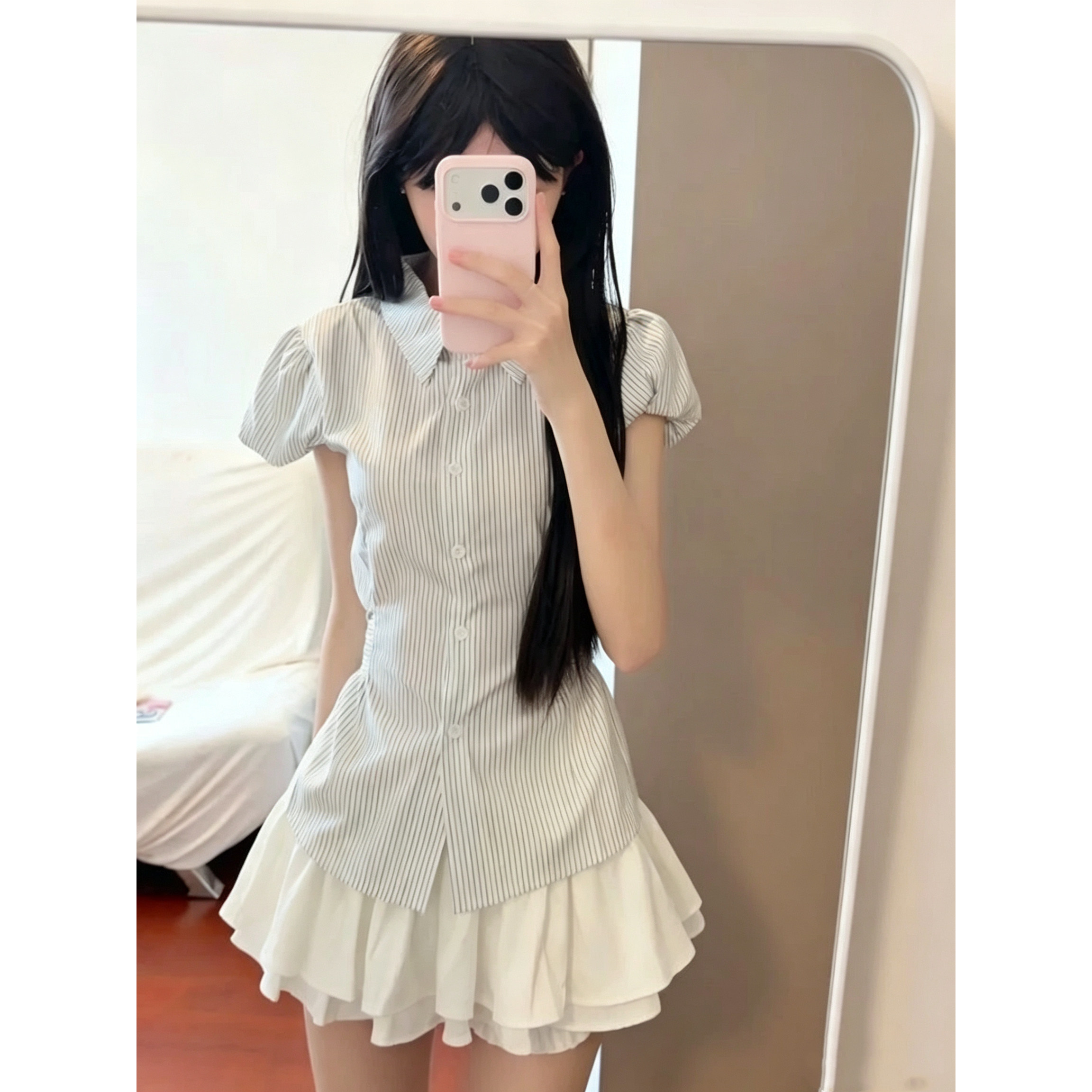 韩系甜美气质简约百搭条纹短袖衬衫+蛋糕半裙套装女新款夏季穿搭