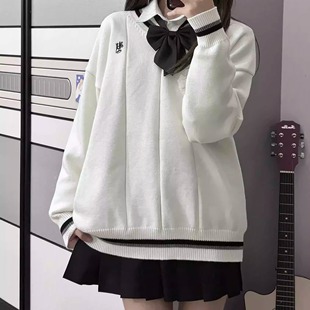 JK制服套头毛衣包芯纱针织衫百搭宽松学院风外套秋冬白色百搭学院