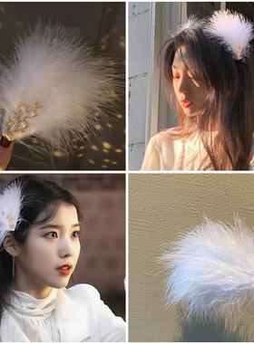 iu同款羽毛发夹网红个性甜美女孩刘海边夹白色发卡头饰不伤发珍珠